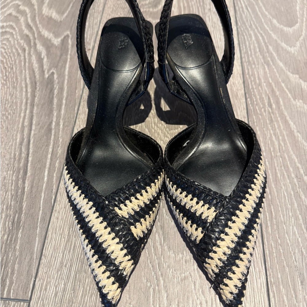 Zara Black and Cream Striped Heels